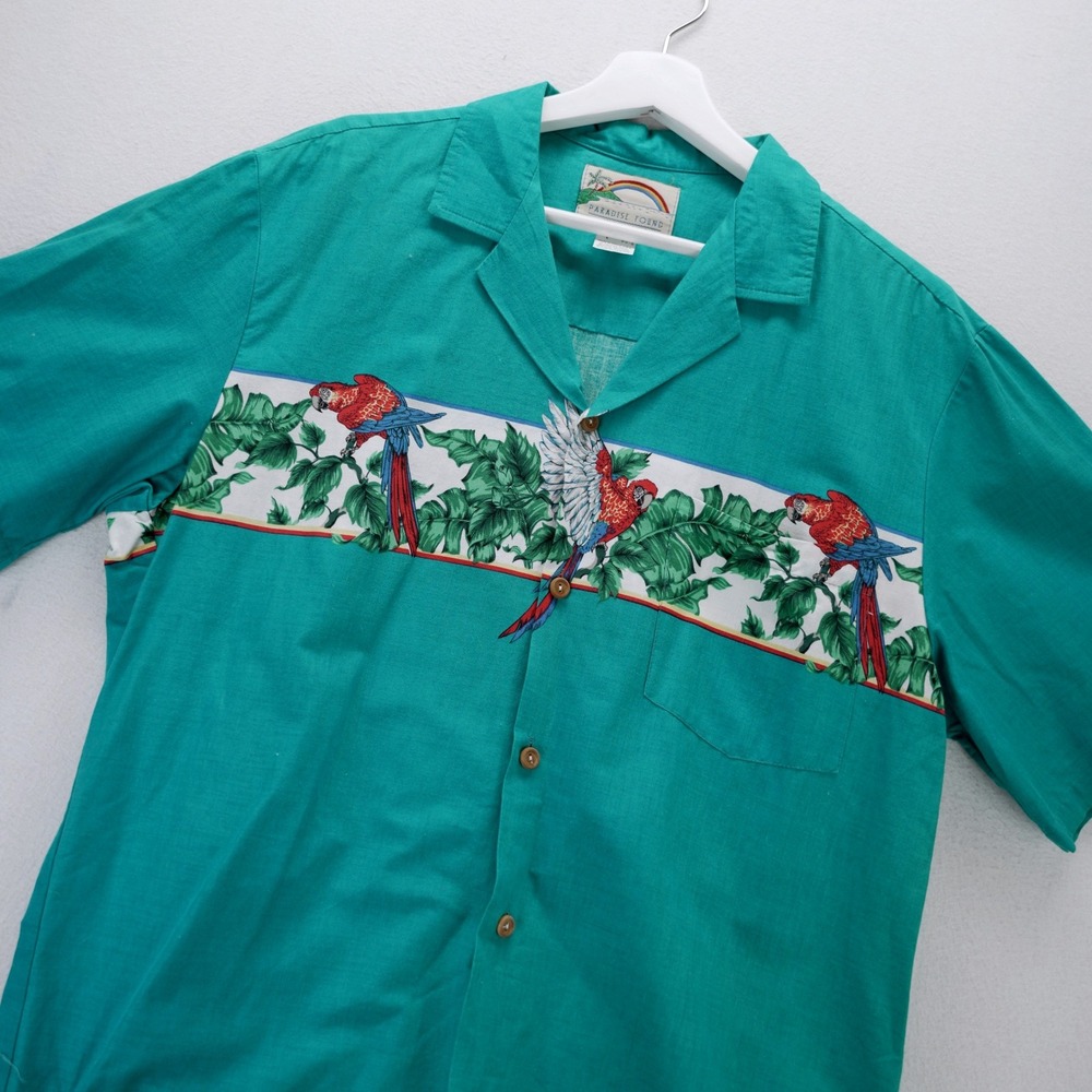 Paradise Found Mens Hawaiian Shirt Blue Macaw Parrot Cotton Magnum PI L USA VTG
